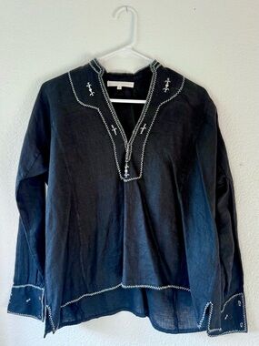 Erica Tanov Aarika Linen Hand Embroidered Top in Black, Size 0
